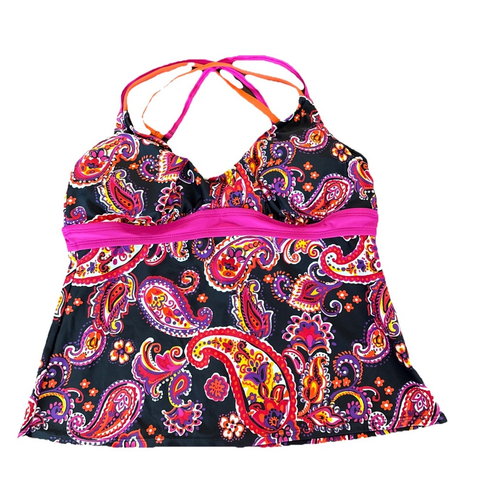 NWT Beach‎ Native Black Paisley Tankini Top Womens Size 36C 34D 32DD Underwire
